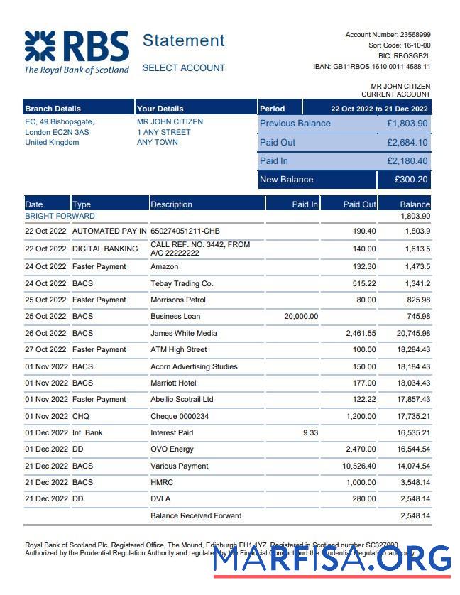 Printable United Kingdom Royal Bank of Scotland (RBS) bank statement word example